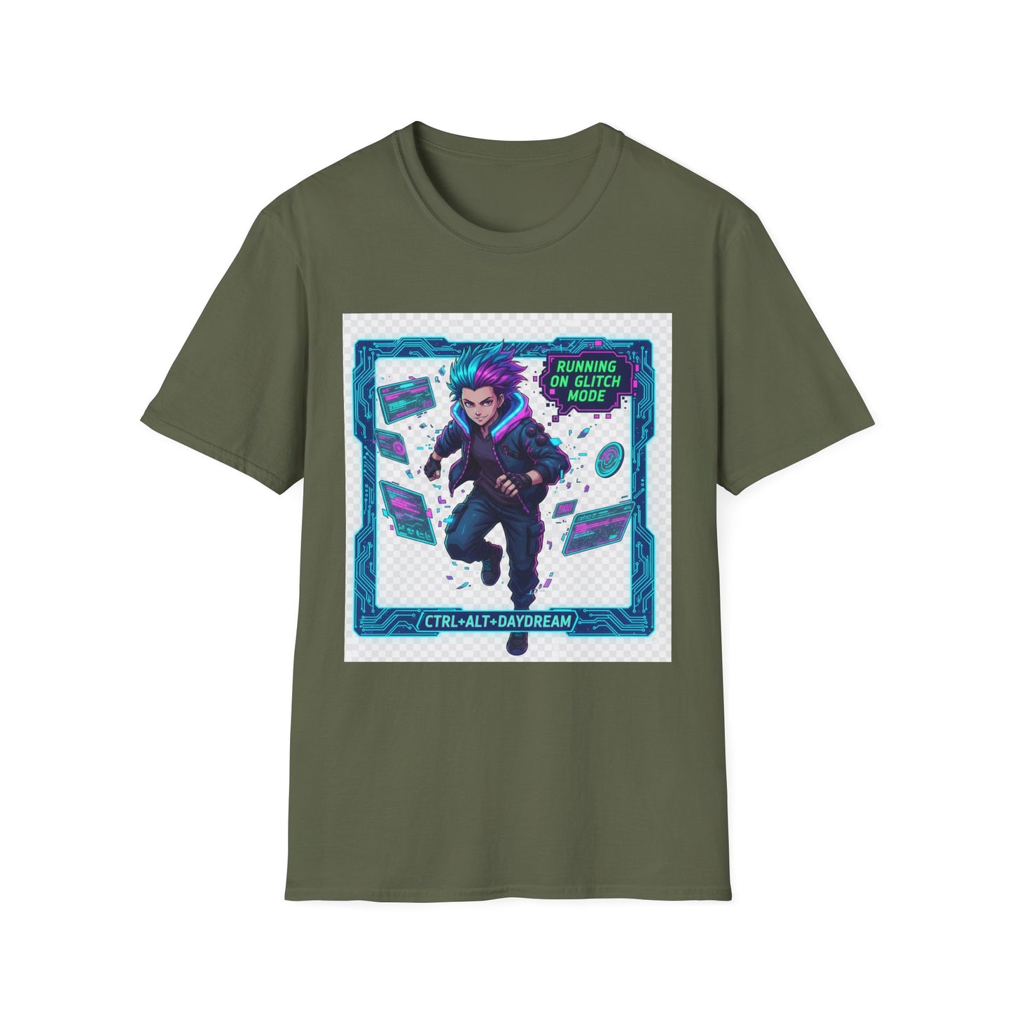 Cyberpunk Anime T-Shirt – ‘Running on Glitch Mode’ | Gamer Humor Tee, Neurospicy Pride Shirt, Otaku Streetwear Top