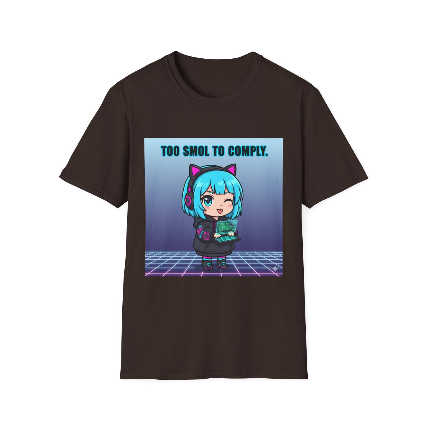 Chibi Hacker T-Shirt – “Too Smol to Comply” | Cute Cyberpunk Gamer Graphic Tee
