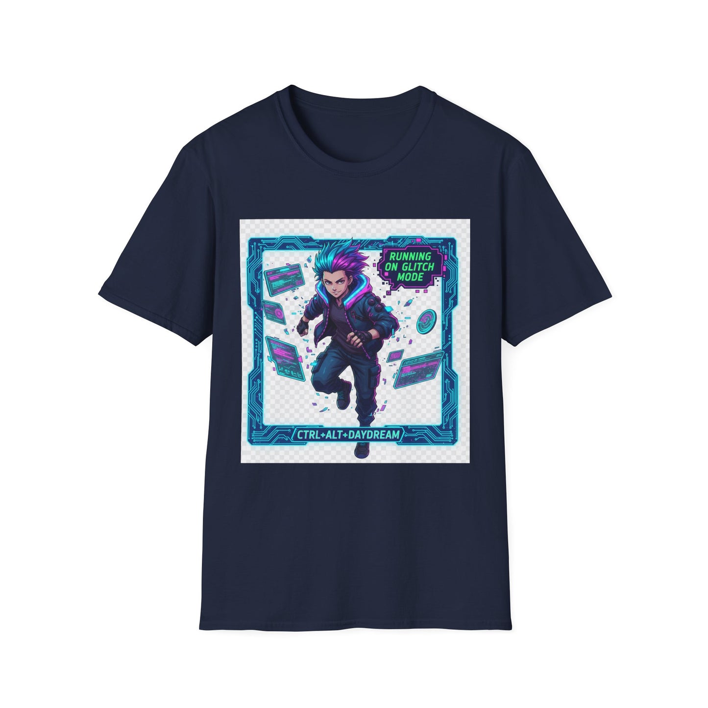 Cyberpunk Anime T-Shirt – ‘Running on Glitch Mode’ | Gamer Humor Tee, Neurospicy Pride Shirt, Otaku Streetwear Top