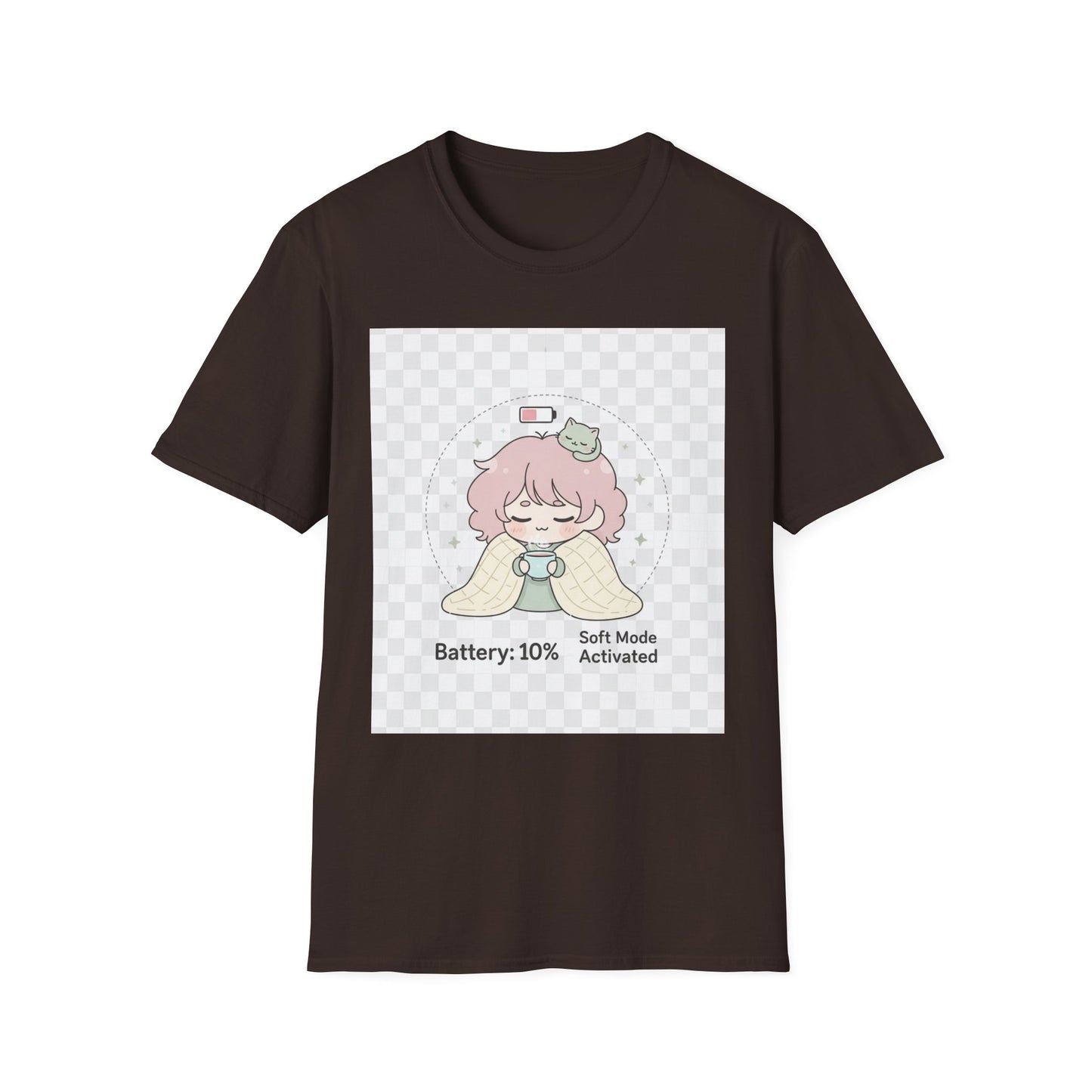 Kawaii Cozy T-Shirt – ‘Battery 10% Soft Mode’ | Neurospicy Self-Care Tee, Low Energy Day Anime Shirt