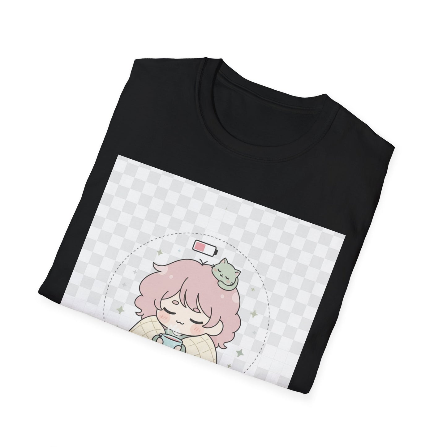 Kawaii Cozy T-Shirt – ‘Battery 10% Soft Mode’ | Neurospicy Self-Care Tee, Low Energy Day Anime Shirt
