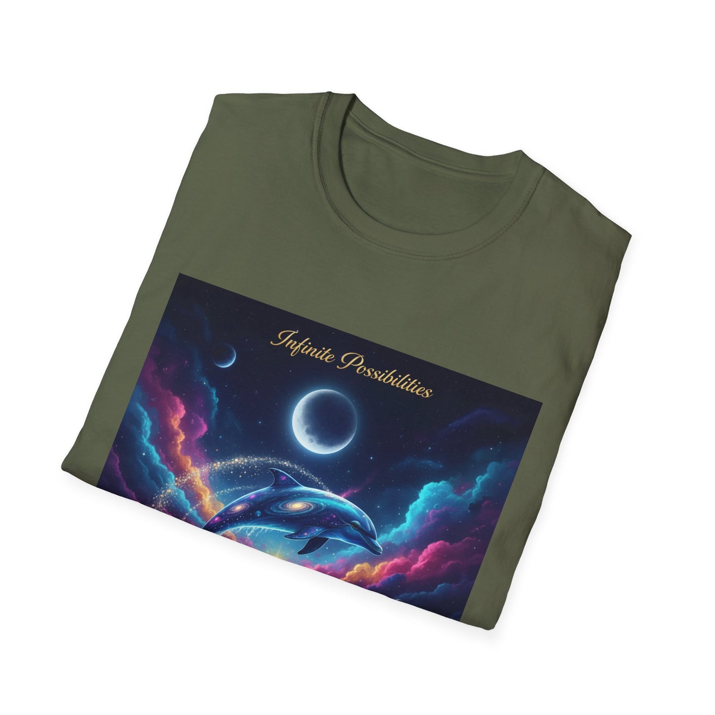 Cosmic Dolphin Art T-Shirt - Unisex Softstyle Tee for Dreamers, Gift for Ocean Lovers, Summer Vibes, Unique Artwork Clothing