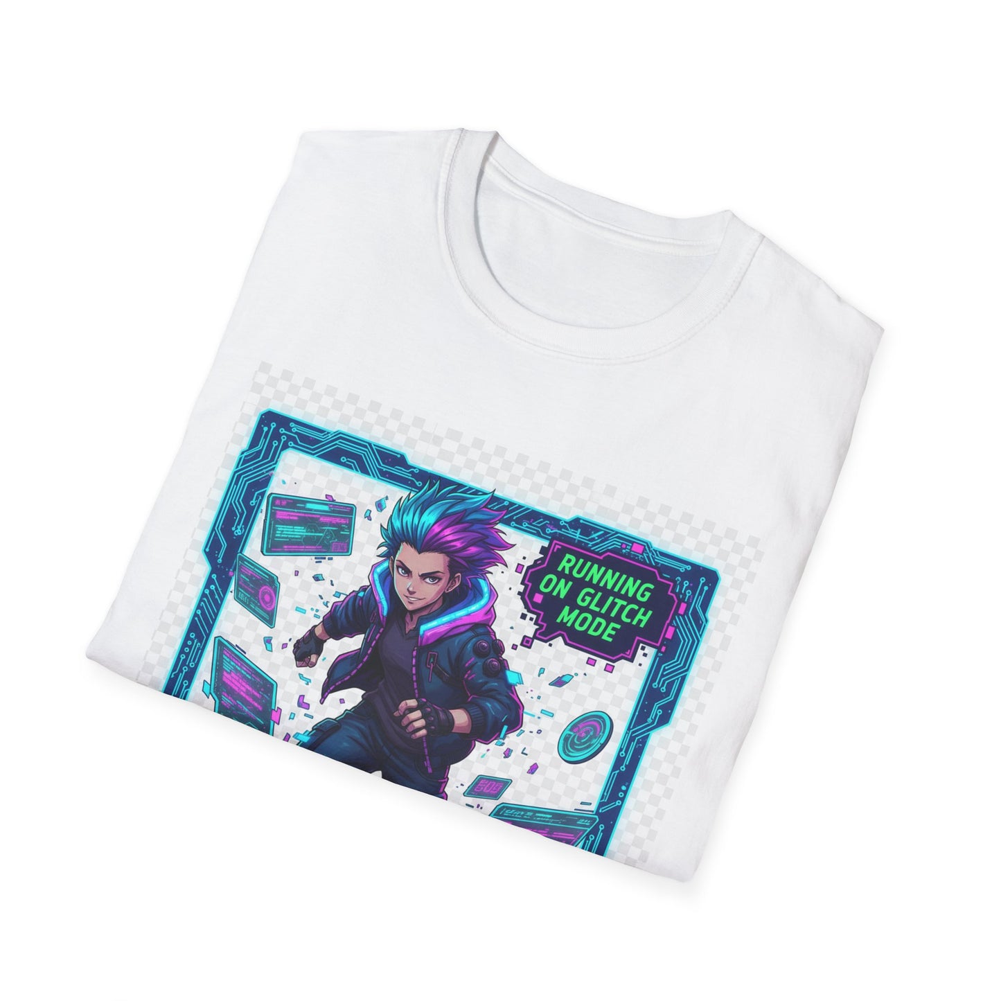Cyberpunk Anime T-Shirt – ‘Running on Glitch Mode’ | Gamer Humor Tee, Neurospicy Pride Shirt, Otaku Streetwear Top