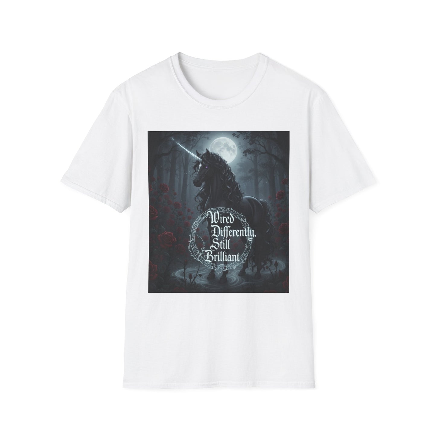 Majestic unicorn silhouette under a full moon with "Wired Differently, Still Brilliant" gothic text, symbolizing neurodiversity and ADHD/Autism pride, printed on a white unisex tee.