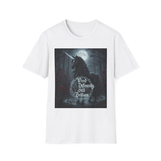 Majestic unicorn silhouette under a full moon with "Wired Differently, Still Brilliant" gothic text, symbolizing neurodiversity and ADHD/Autism pride, printed on a white unisex tee.