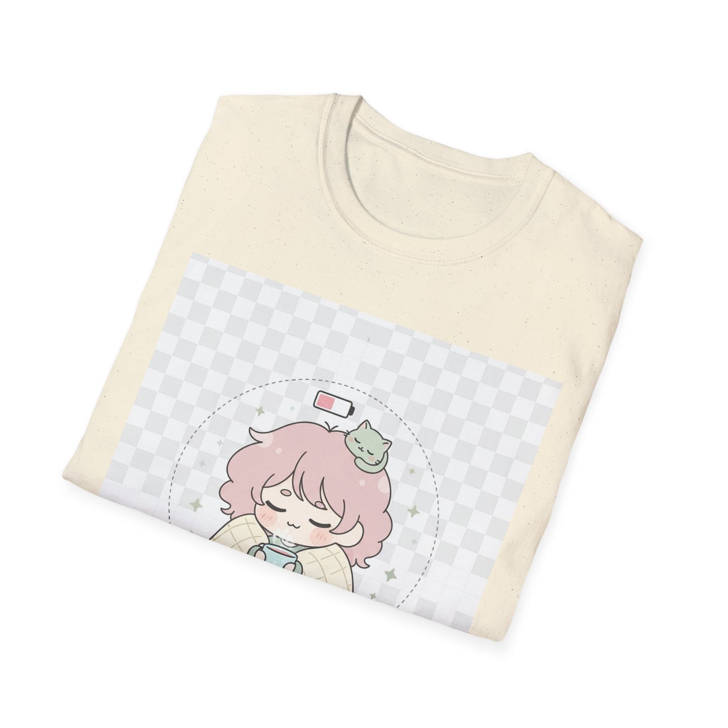 Kawaii Cozy T-Shirt – ‘Battery 10% Soft Mode’ | Neurospicy Self-Care Tee, Low Energy Day Anime Shirt