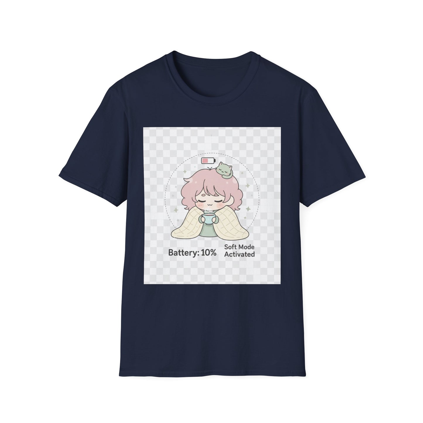 Kawaii Cozy T-Shirt – ‘Battery 10% Soft Mode’ | Neurospicy Self-Care Tee, Low Energy Day Anime Shirt