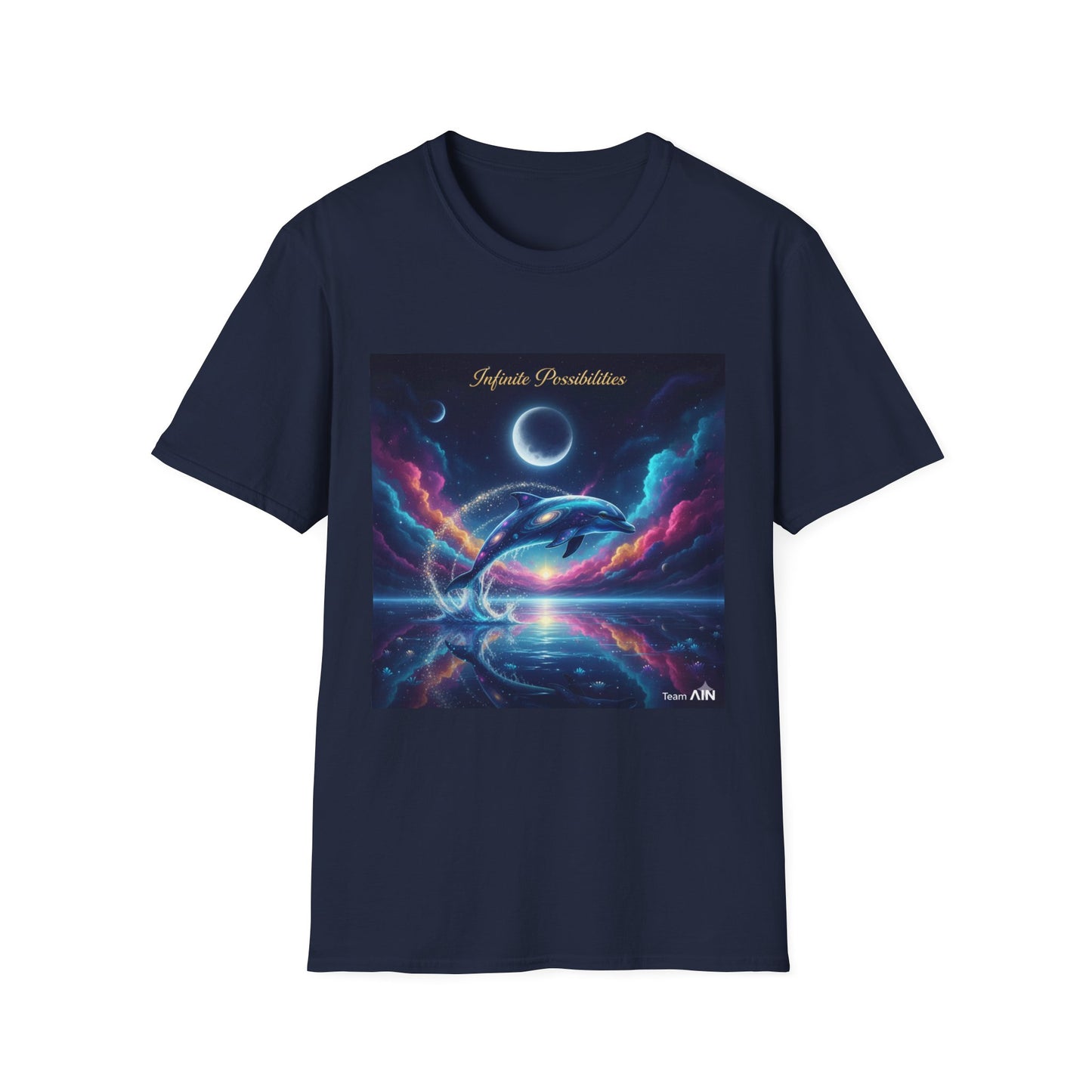 Cosmic Dolphin Art T-Shirt - Unisex Softstyle Tee for Dreamers, Gift for Ocean Lovers, Summer Vibes, Unique Artwork Clothing