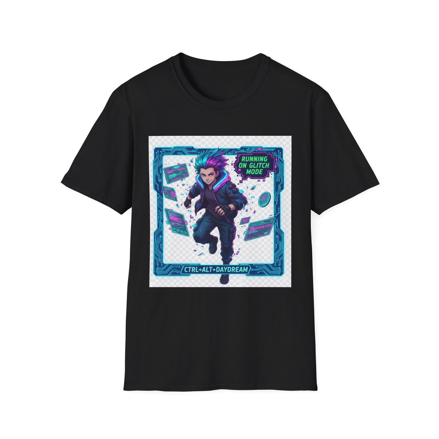 Cyberpunk Anime T-Shirt – ‘Running on Glitch Mode’ | Gamer Humor Tee, Neurospicy Pride Shirt, Otaku Streetwear Top