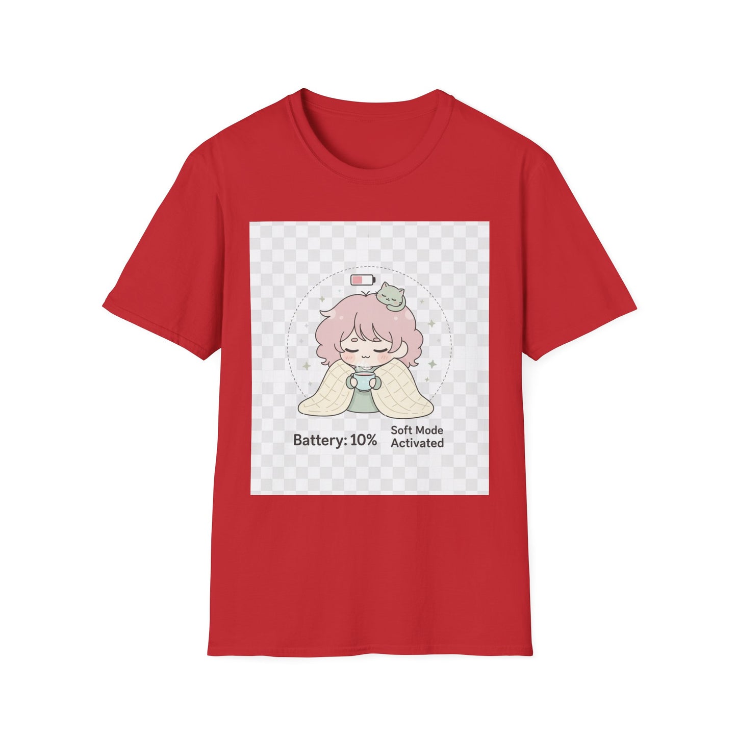 Kawaii Cozy T-Shirt – ‘Battery 10% Soft Mode’ | Neurospicy Self-Care Tee, Low Energy Day Anime Shirt