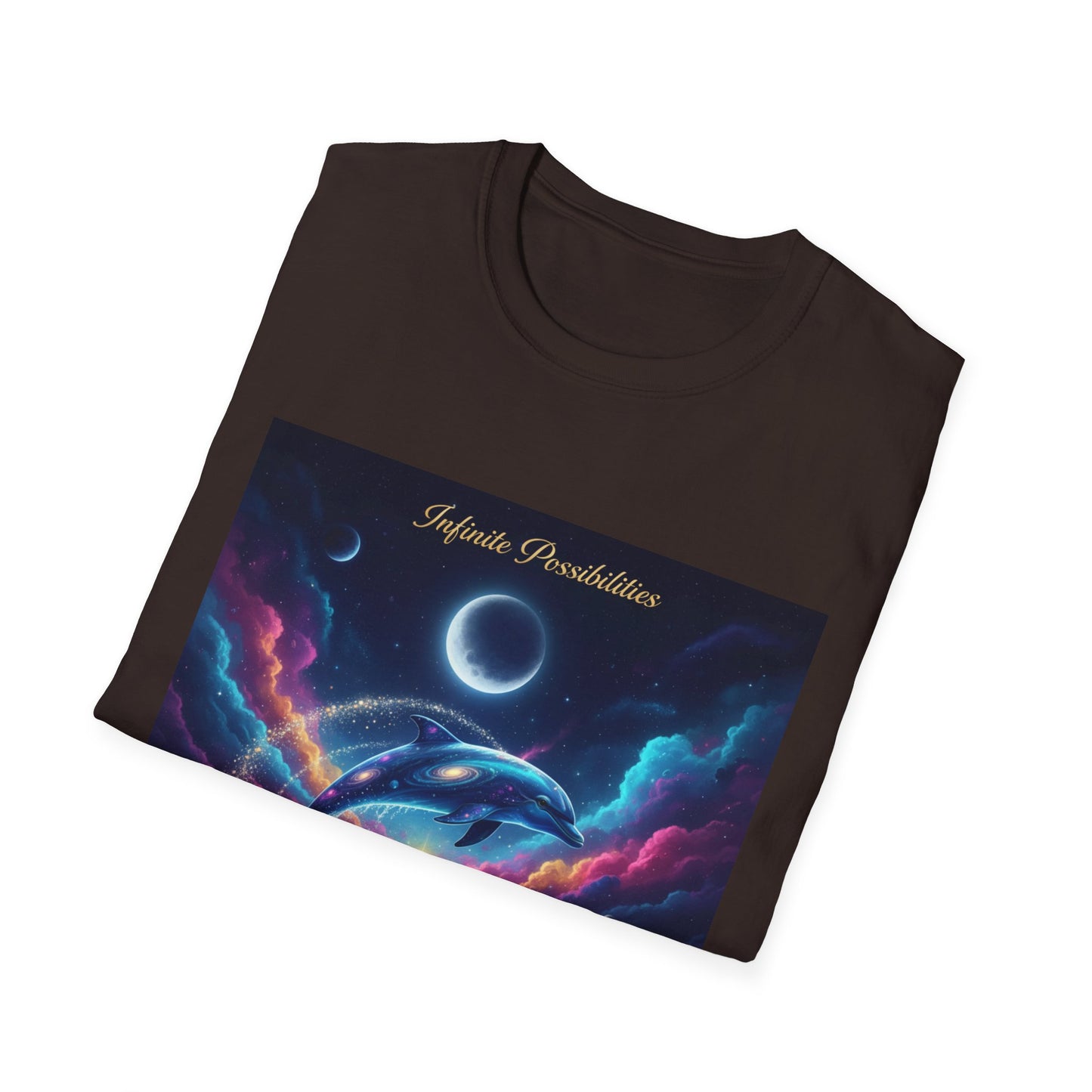 Cosmic Dolphin Art T-Shirt - Unisex Softstyle Tee for Dreamers, Gift for Ocean Lovers, Summer Vibes, Unique Artwork Clothing
