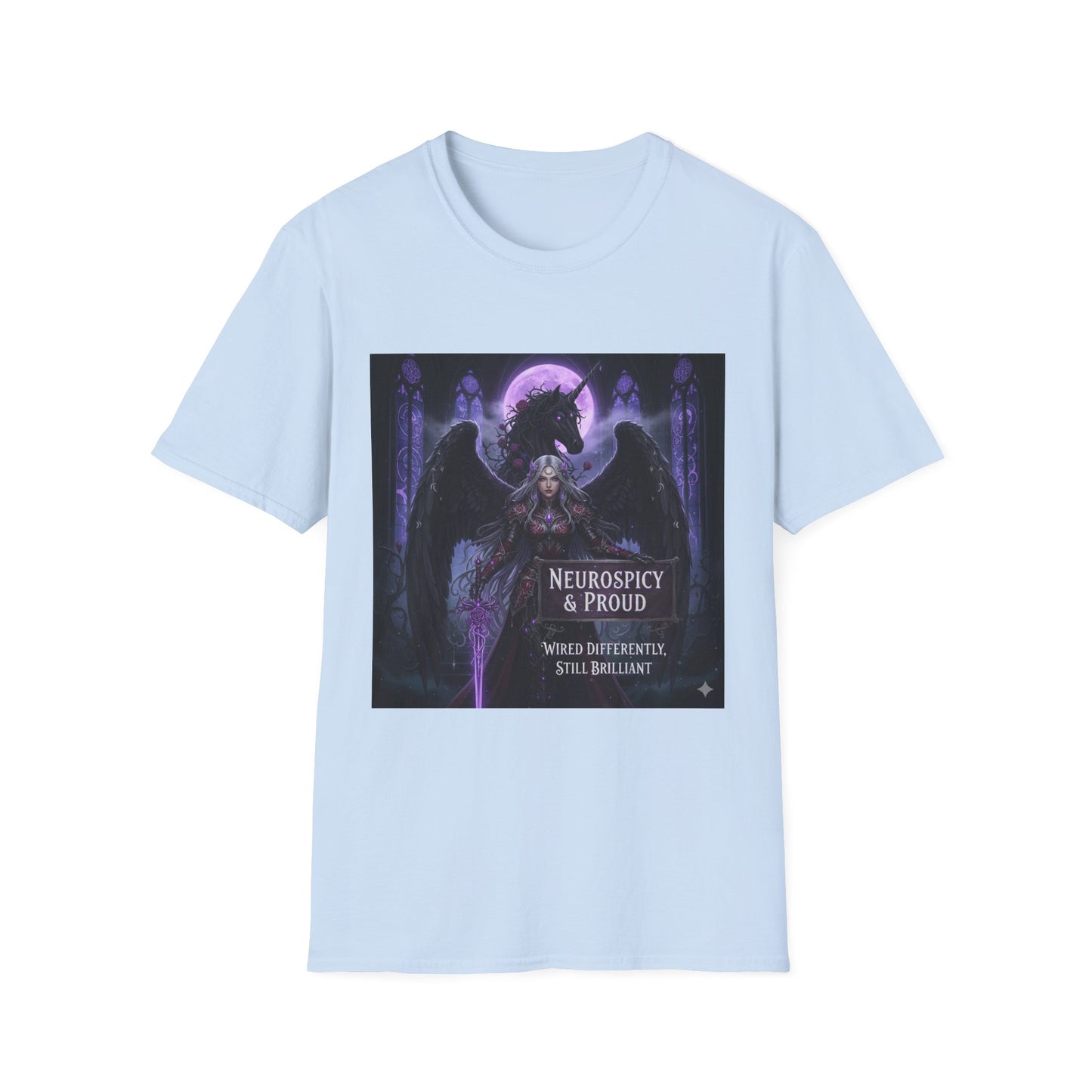 Empowering Gothic Fantasy Tee – Angelic Warrior & Dragon Design