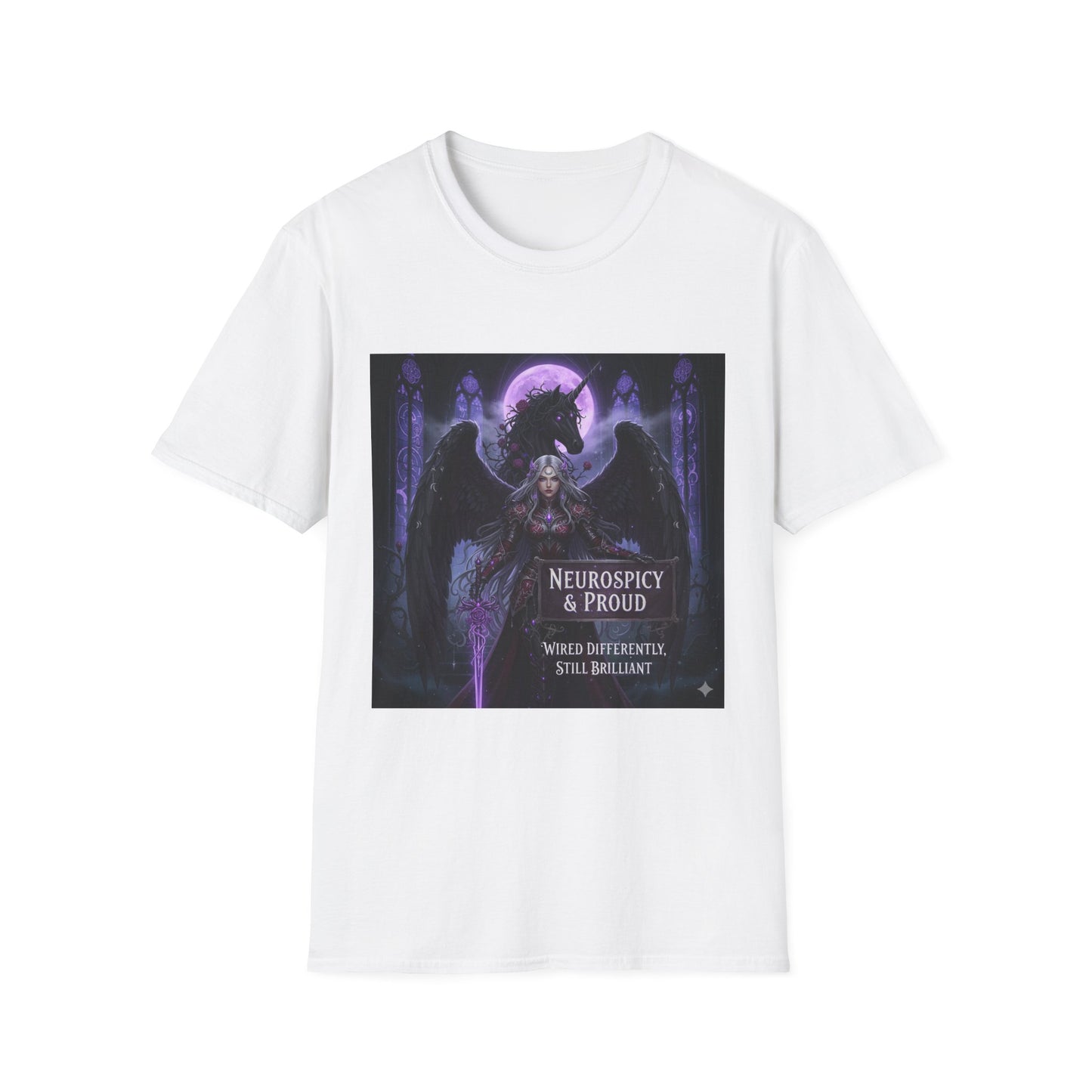 Empowering Gothic Fantasy Tee – Angelic Warrior & Dragon Design