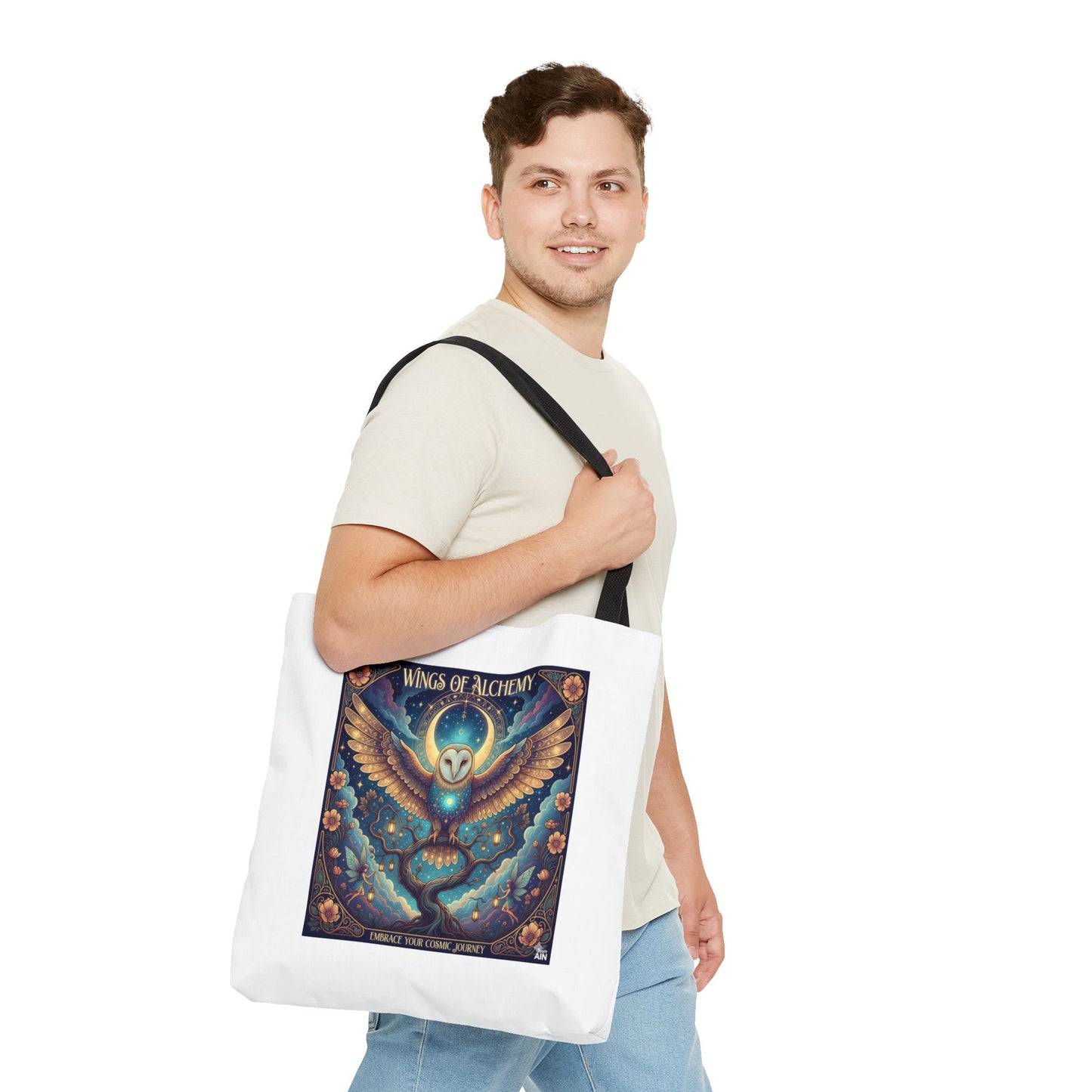 Mystical Owl Tote Bag, Boho Chic Tote, Alchemy Art Handbag, Gift for Nature Lovers, Eco-Friendly Shopping Bag