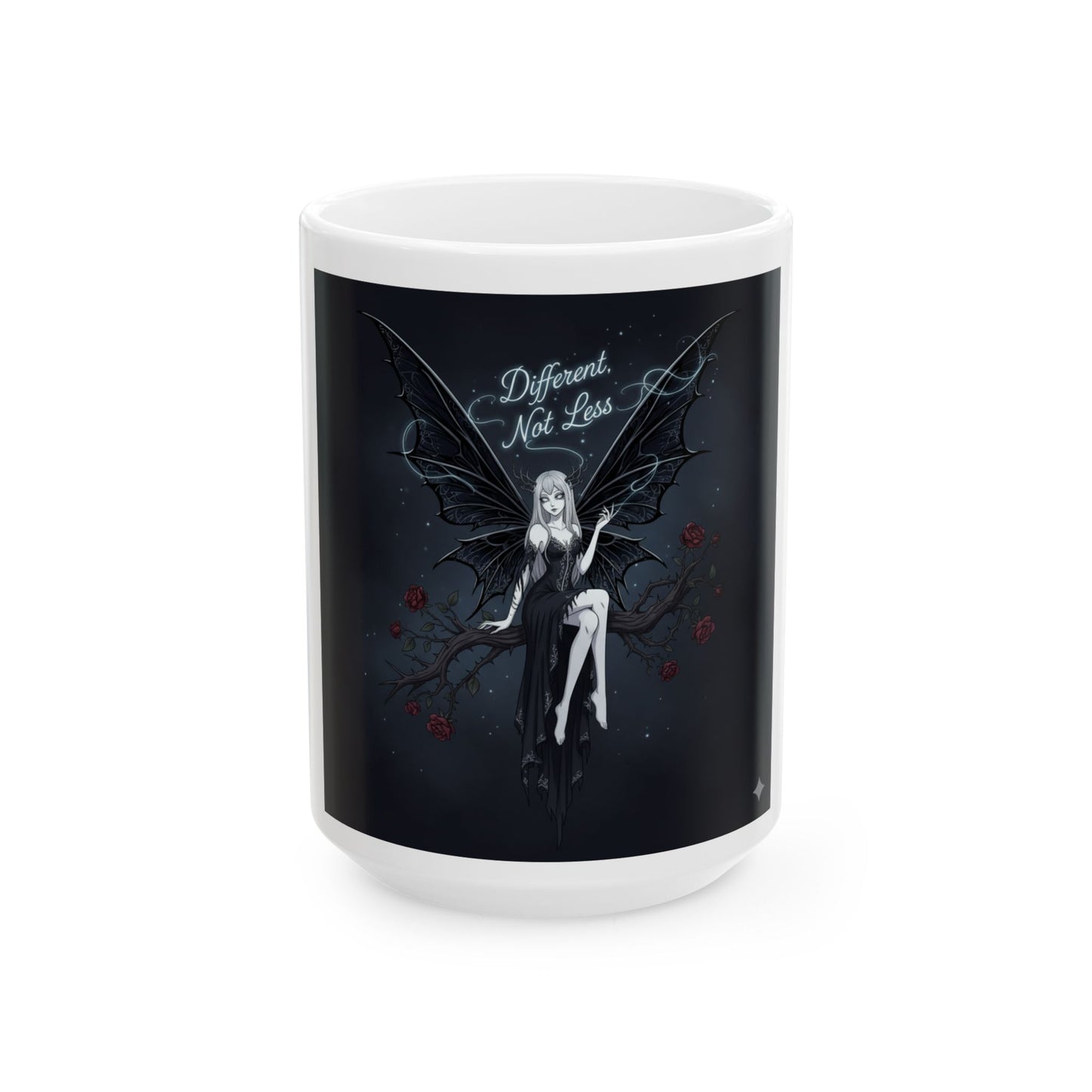 Gothic Fairy Ceramic Mug - 'Different Not Less', Unique Gift for Art Lovers, Fantasy Decor, Halloween, Witchy Coffee Mug