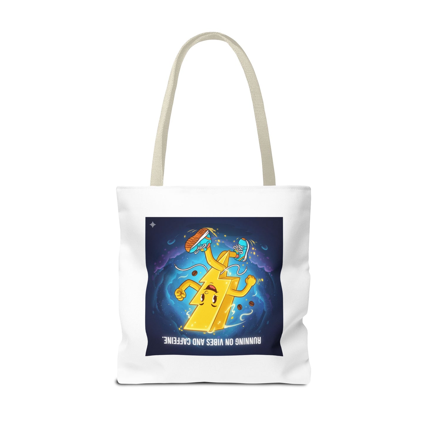 Running on Vibes Tote Bag | Colorful Fun Bag, Eco-Friendly Shopper, Gift for Coffee Lovers, Reusable Daily Tote, Vibrant Cartoon Design