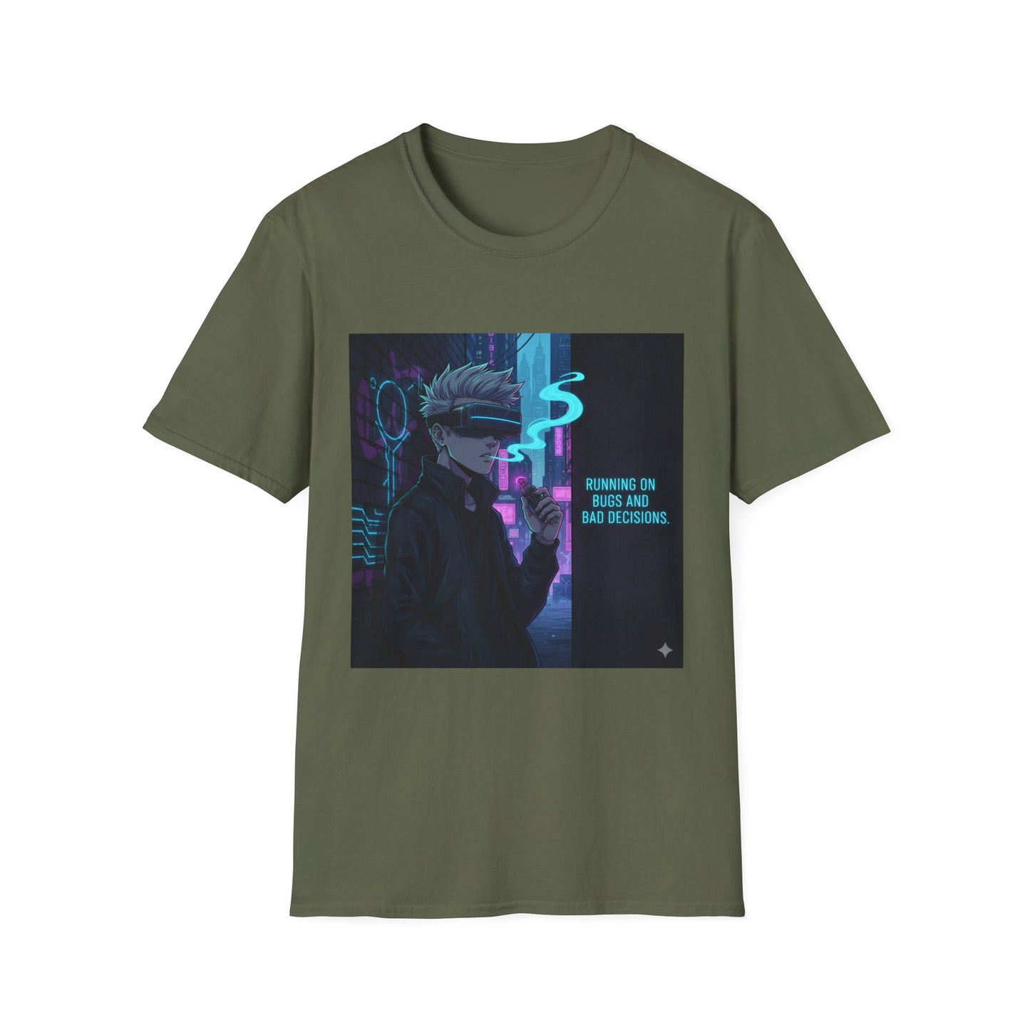 Cyberpunk Vaporwave T-Shirt – “Running on Bugs and Bad Decisions” | Futuristic Hacker Streetwear