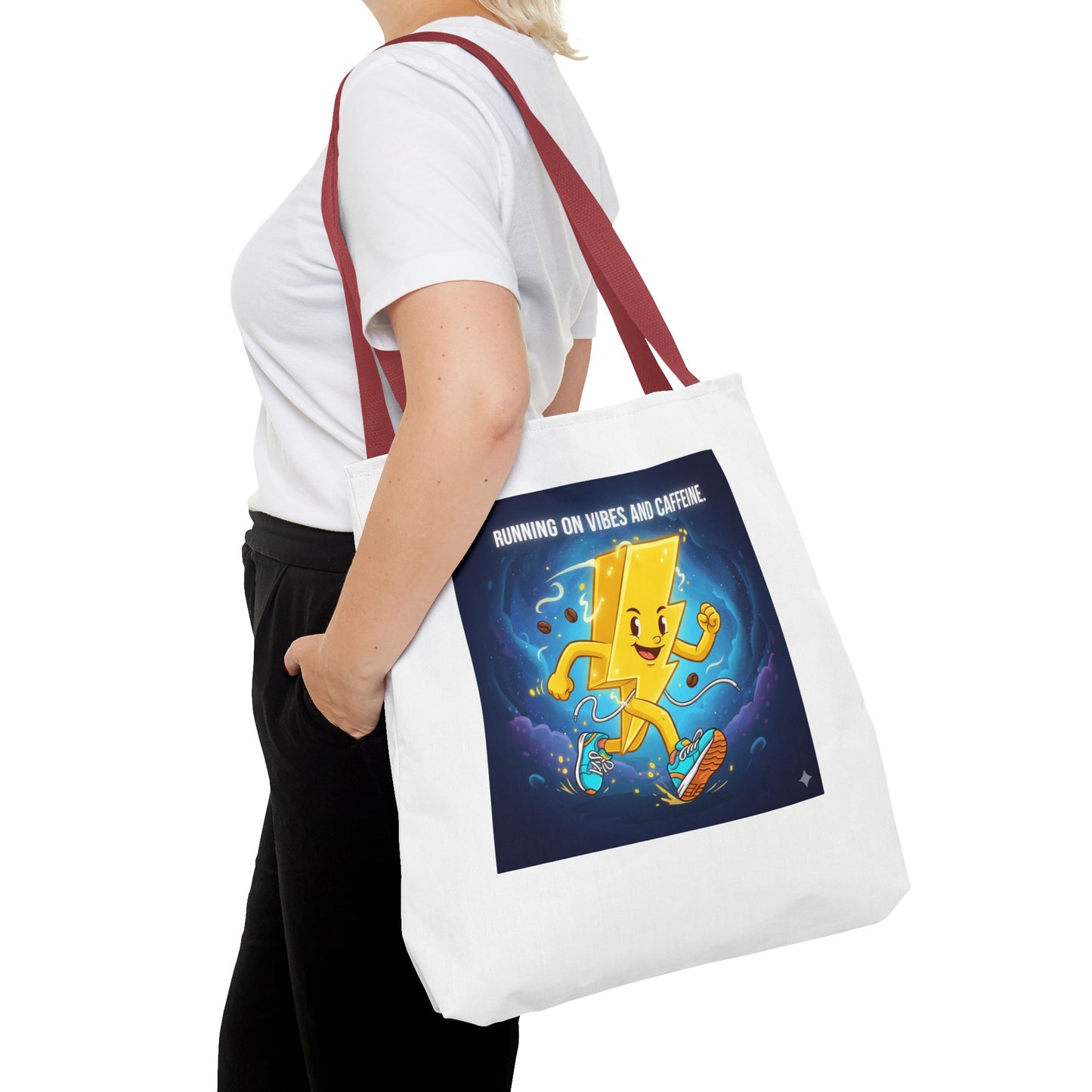 Running on Vibes Tote Bag | Colorful Fun Bag, Eco-Friendly Shopper, Gift for Coffee Lovers, Reusable Daily Tote, Vibrant Cartoon Design