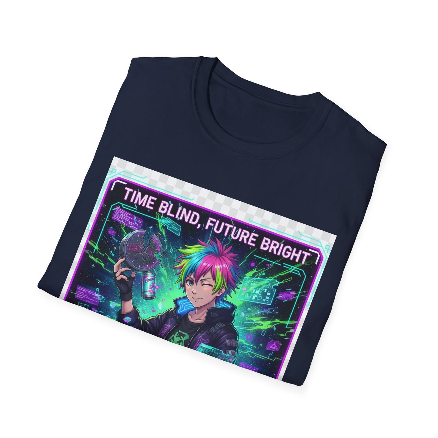 Cyberpunk Anime T-Shirt – ‘Time Blind Future Bright’ | Neurospicy Gamer Humor Tee, ADHD Pride Otaku Streetwear