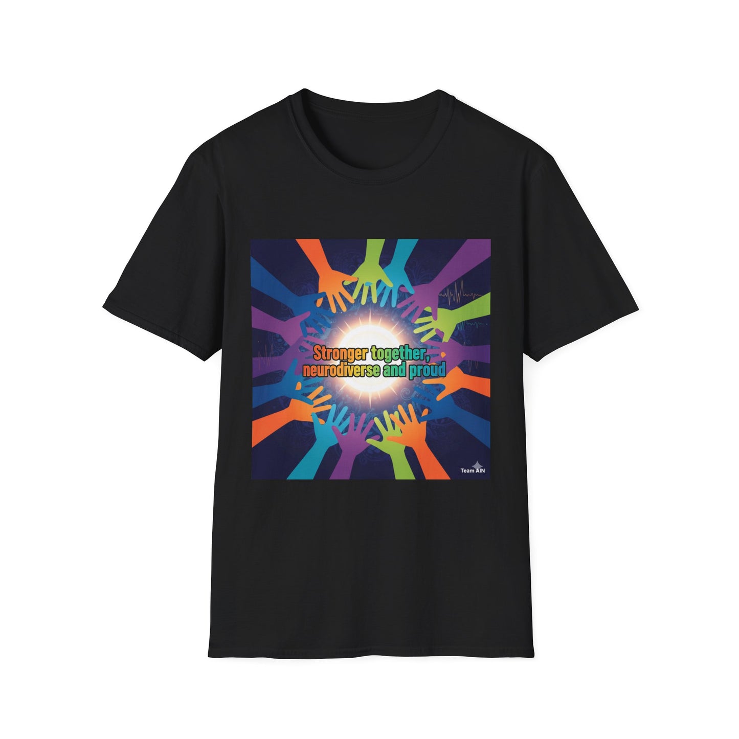 "Stronger Together, Neurodiverse and Proud" Unity T-Shirt – Colorful Hands Design on White Tee