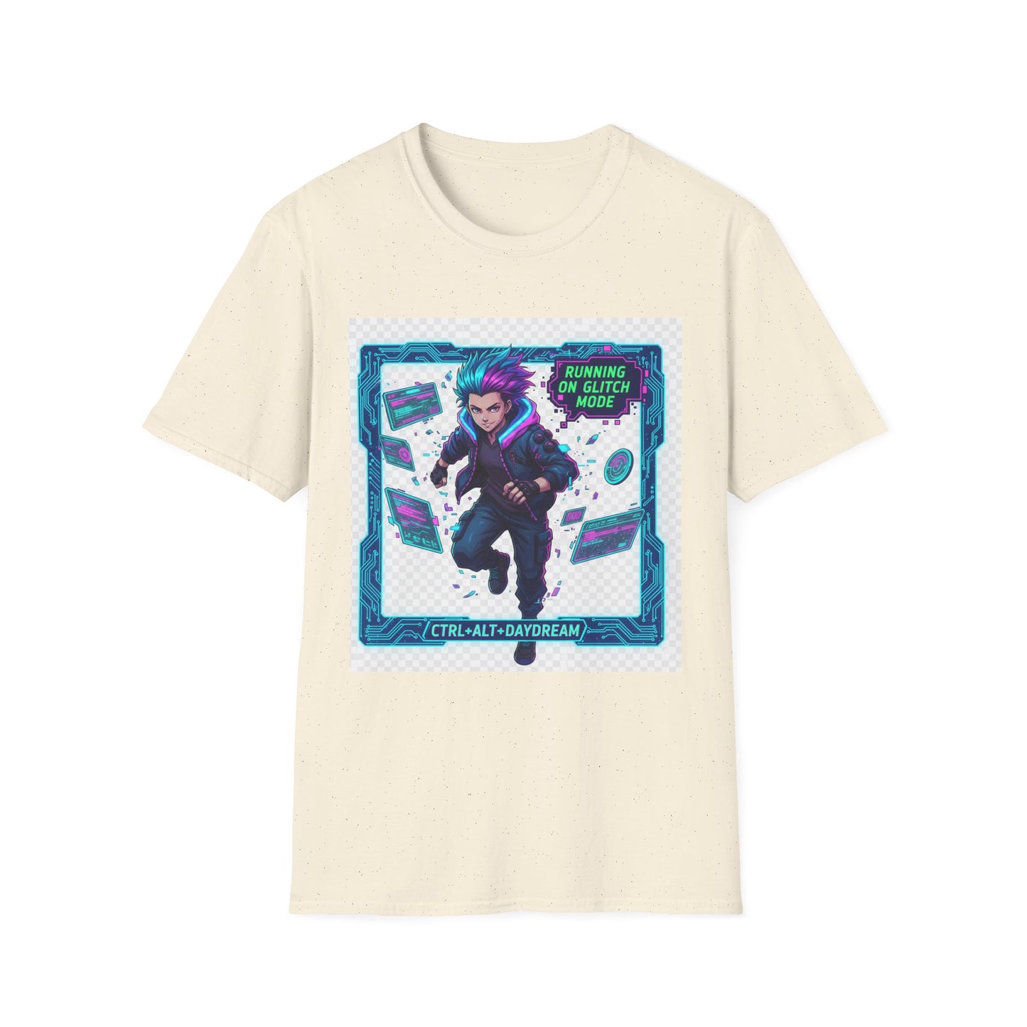 Cyberpunk Anime T-Shirt – ‘Running on Glitch Mode’ | Gamer Humor Tee, Neurospicy Pride Shirt, Otaku Streetwear Top
