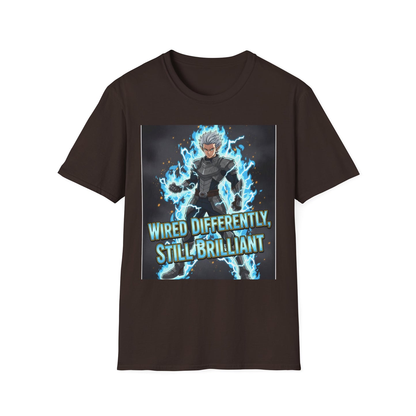 Anime-inspired lightning warrior design with "Wired Differently, Still Brilliant" motto representing ADHD/Autism pride printed on a dark brown unisex tee.