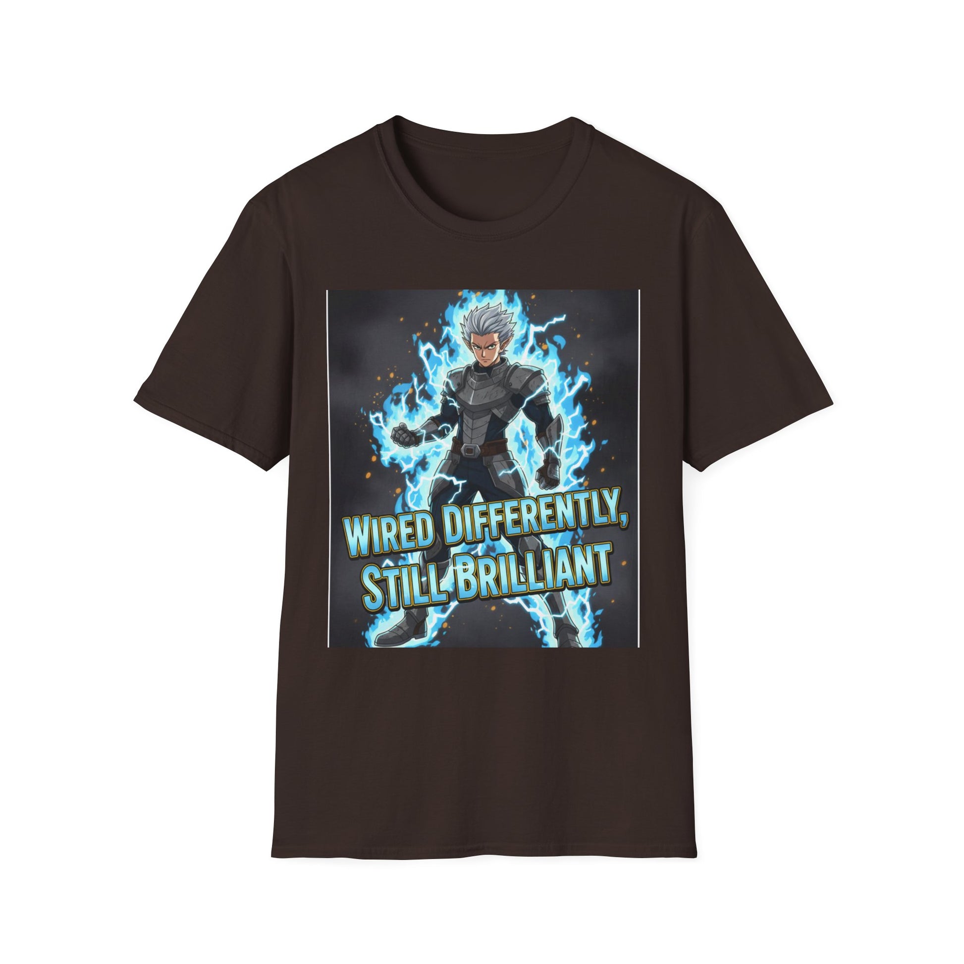 Anime-inspired lightning warrior design with "Wired Differently, Still Brilliant" motto representing ADHD/Autism pride printed on a dark brown unisex tee.