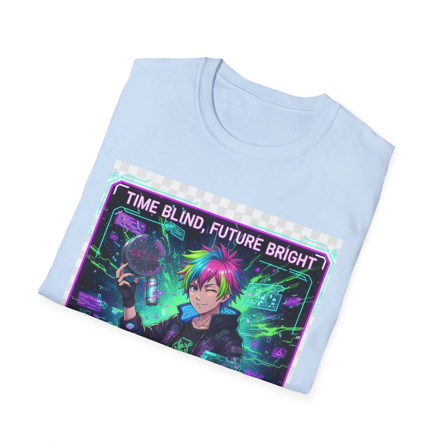 Cyberpunk Anime T-Shirt – ‘Time Blind Future Bright’ | Neurospicy Gamer Humor Tee, ADHD Pride Otaku Streetwear