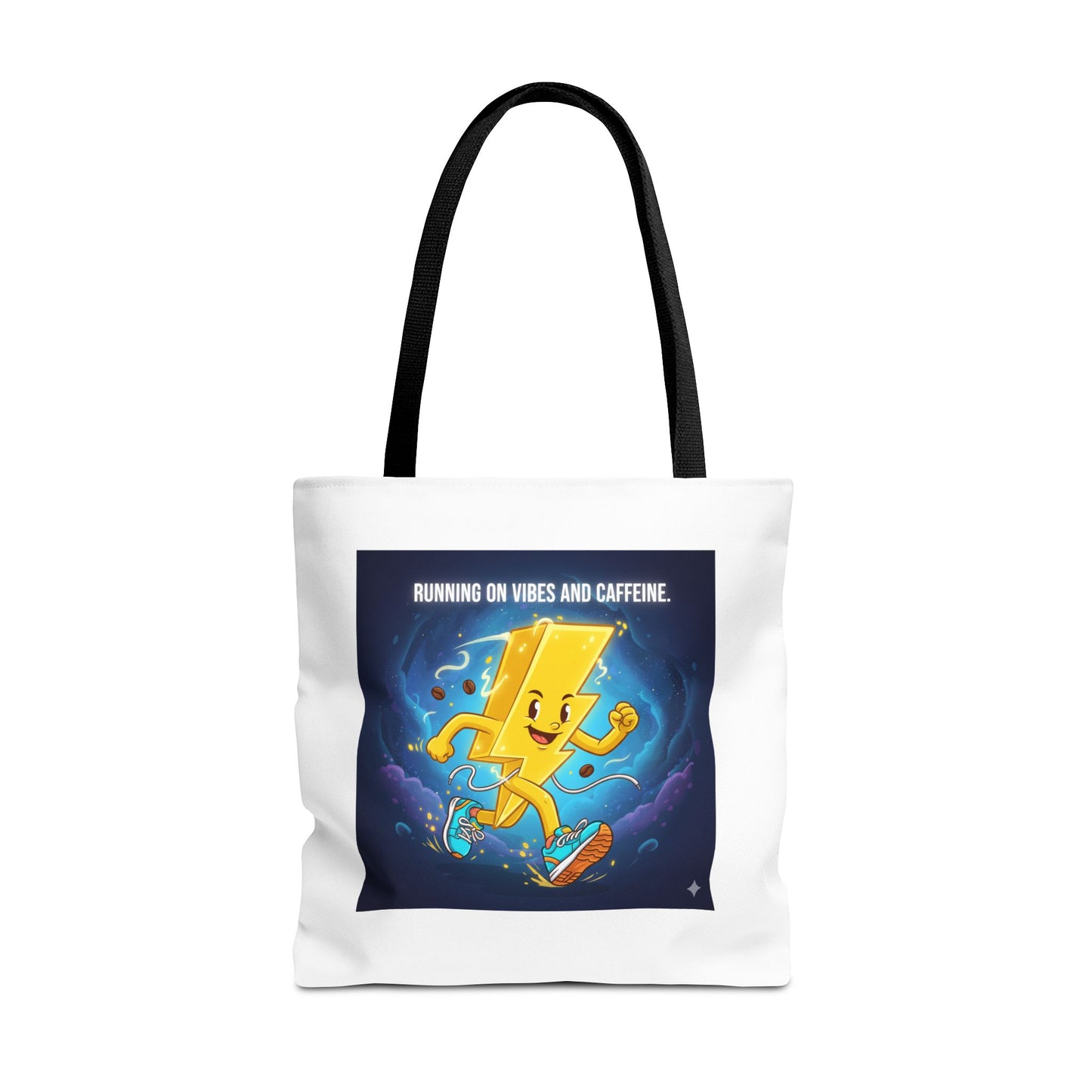 Running on Vibes Tote Bag | Colorful Fun Bag, Eco-Friendly Shopper, Gift for Coffee Lovers, Reusable Daily Tote, Vibrant Cartoon Design