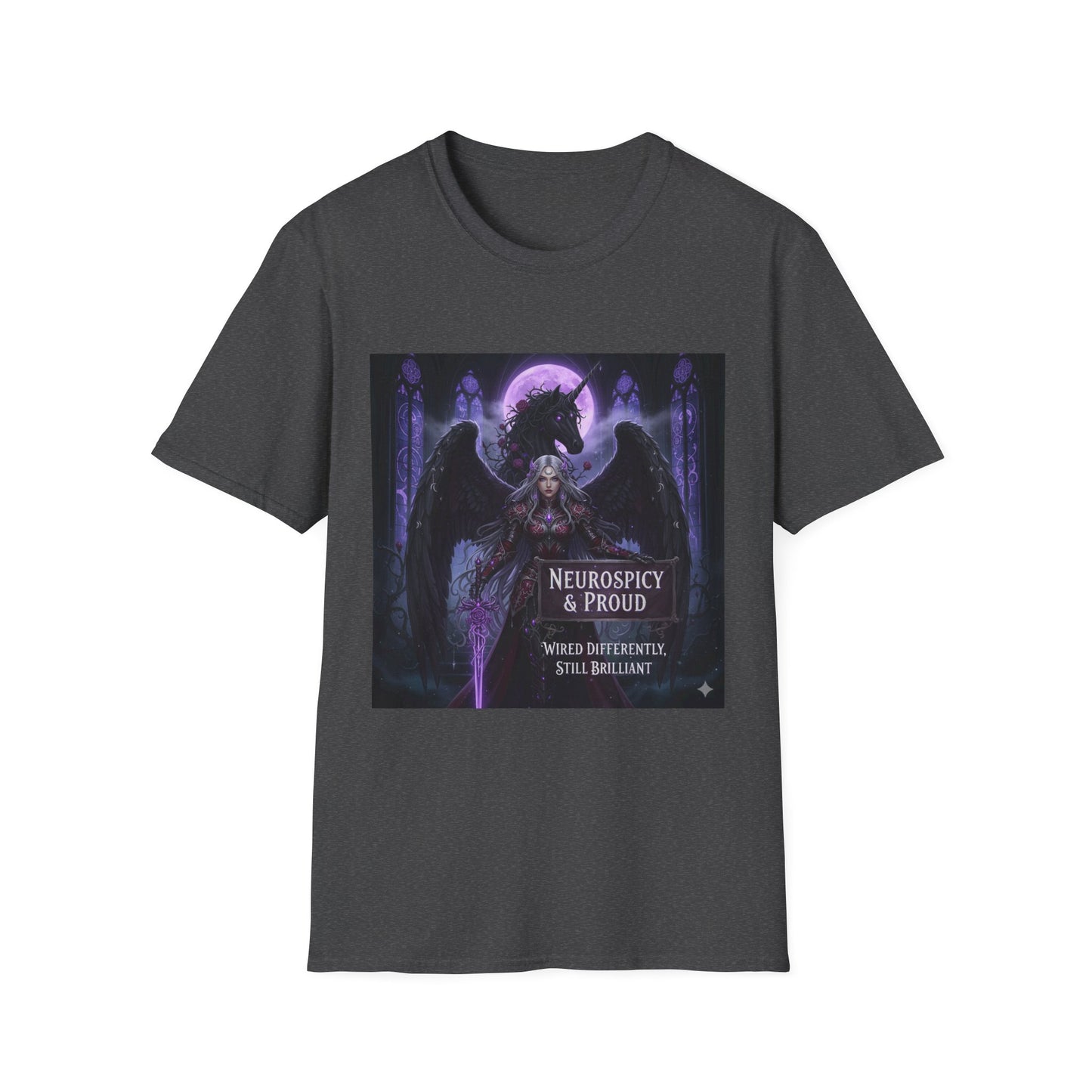 Empowering Gothic Fantasy Tee – Angelic Warrior & Dragon Design