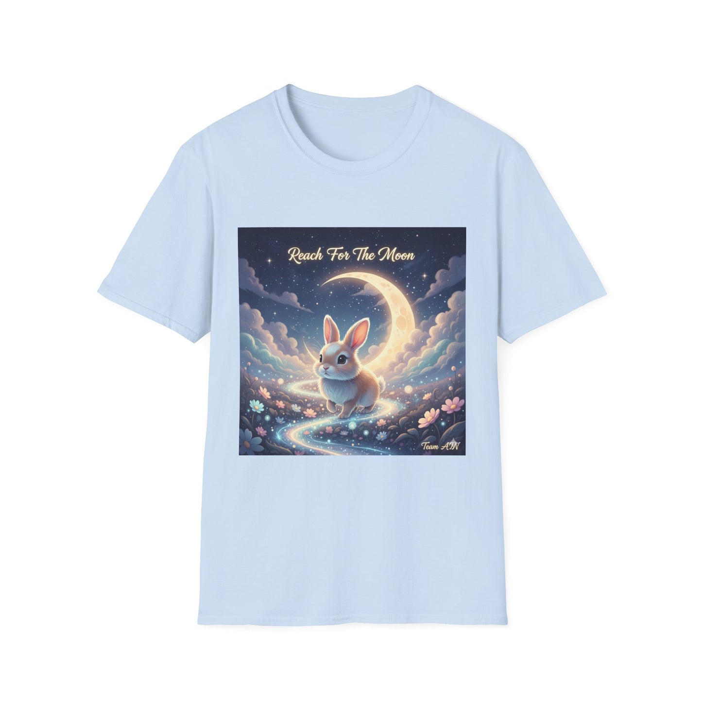 Dreamy Rabbit T-Shirt - Reach for the Moon Tee, Cute Animal Shirt, Softstyle Graphic Tee, Gift for Animal Lovers, Cozy Everyday Wear