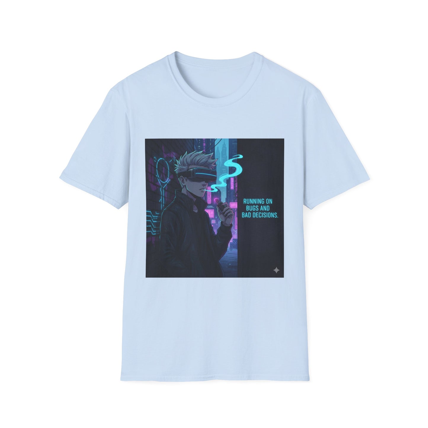 Cyberpunk Vaporwave T-Shirt – “Running on Bugs and Bad Decisions” | Futuristic Hacker Streetwear