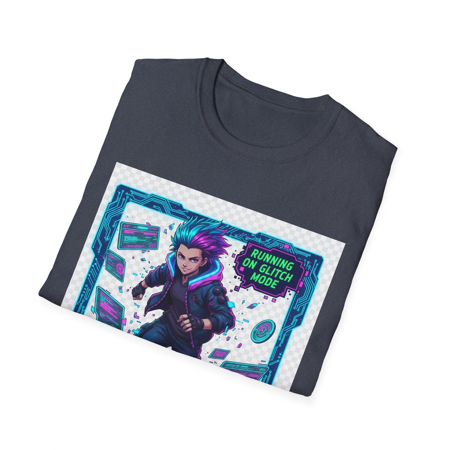 Cyberpunk Anime T-Shirt – ‘Running on Glitch Mode’ | Gamer Humor Tee, Neurospicy Pride Shirt, Otaku Streetwear Top