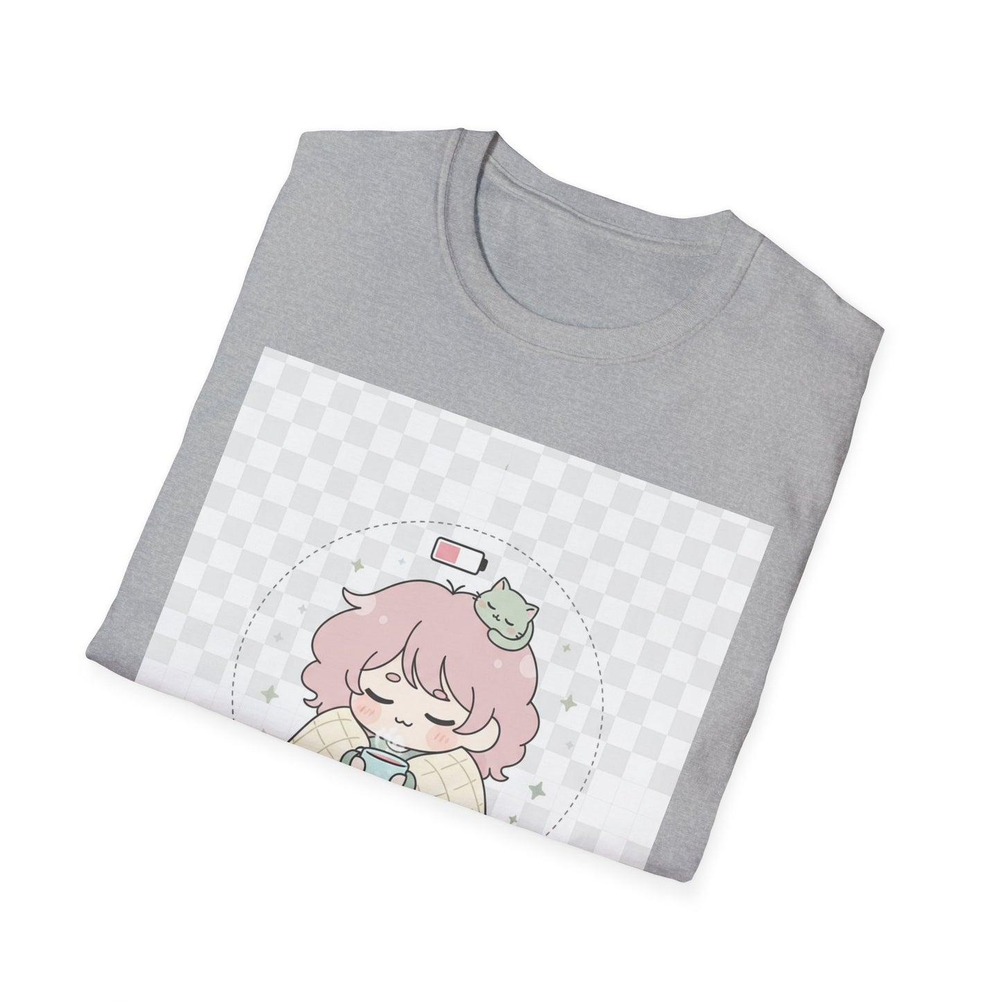 Kawaii Cozy T-Shirt – ‘Battery 10% Soft Mode’ | Neurospicy Self-Care Tee, Low Energy Day Anime Shirt
