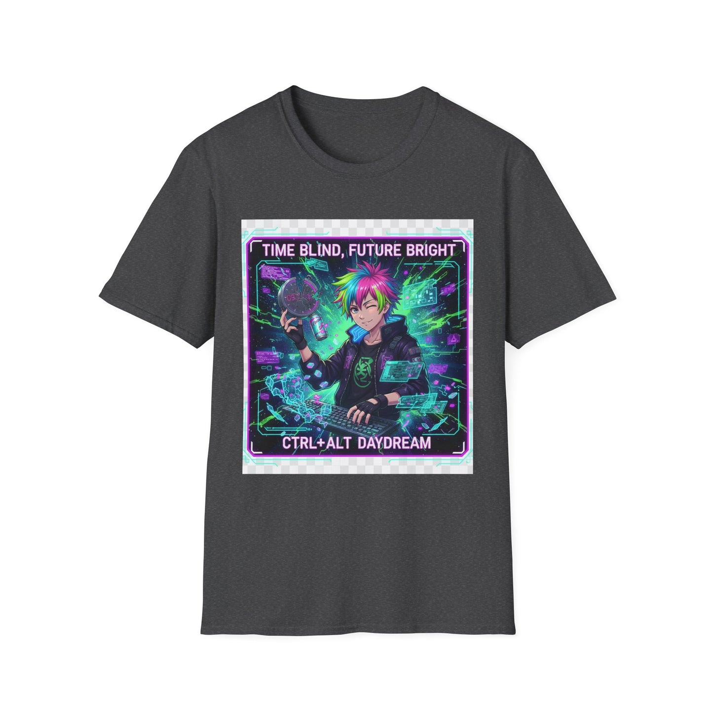 Cyberpunk Anime T-Shirt – ‘Time Blind Future Bright’ | Neurospicy Gamer Humor Tee, ADHD Pride Otaku Streetwear