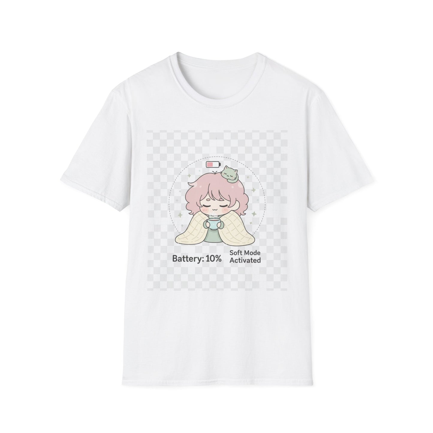 Kawaii Cozy T-Shirt – ‘Battery 10% Soft Mode’ | Neurospicy Self-Care Tee, Low Energy Day Anime Shirt