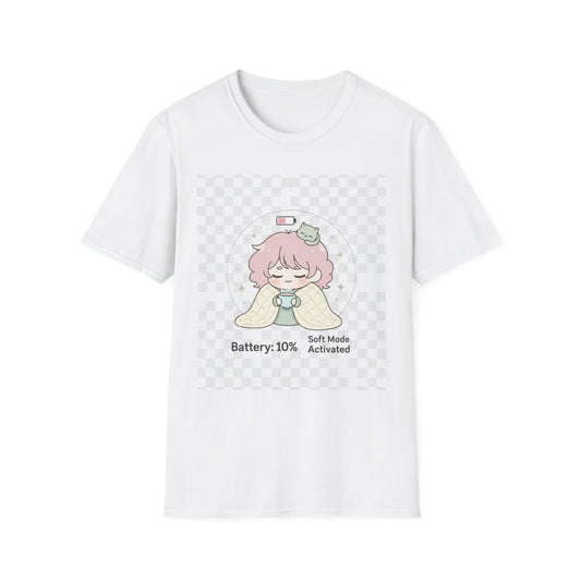 Kawaii Cozy T-Shirt – ‘Battery 10% Soft Mode’ | Neurospicy Self-Care Tee, Low Energy Day Anime Shirt