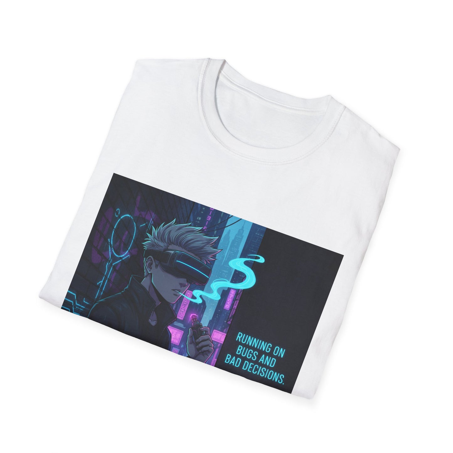 Cyberpunk Vaporwave T-Shirt – “Running on Bugs and Bad Decisions” | Futuristic Hacker Streetwear
