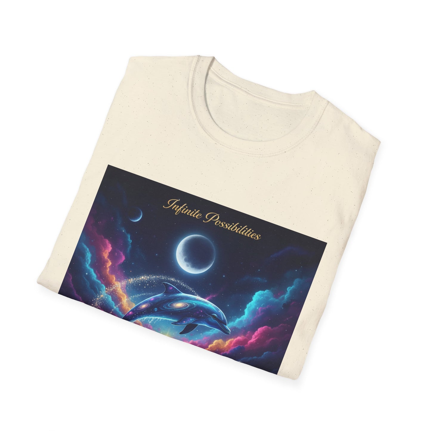 Cosmic Dolphin Art T-Shirt - Unisex Softstyle Tee for Dreamers, Gift for Ocean Lovers, Summer Vibes, Unique Artwork Clothing