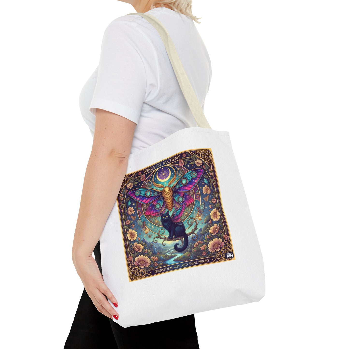 Mystical Cat Tote Bag | Boho Butterfly Design | Eco-friendly Bag | Gift for Nature Lovers | Stylish Shopping & Gym Bag