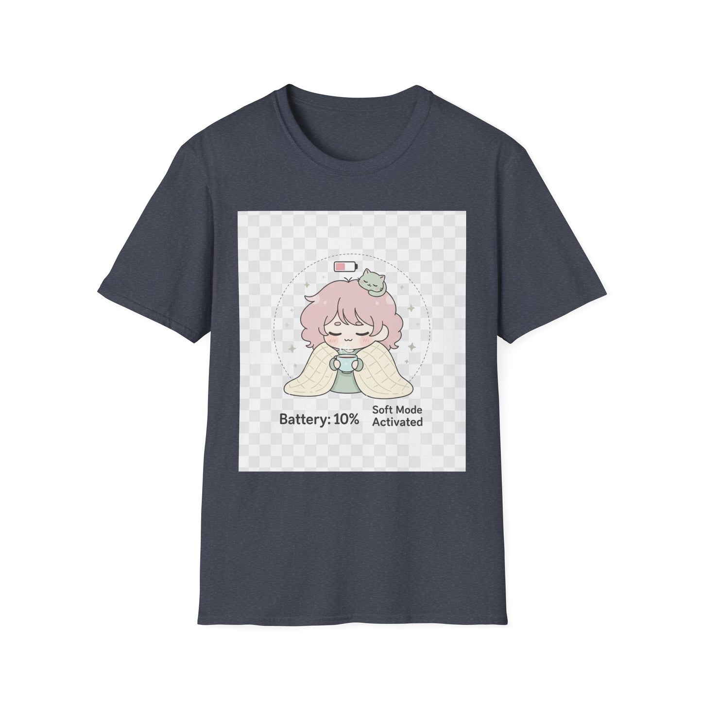 Kawaii Cozy T-Shirt – ‘Battery 10% Soft Mode’ | Neurospicy Self-Care Tee, Low Energy Day Anime Shirt