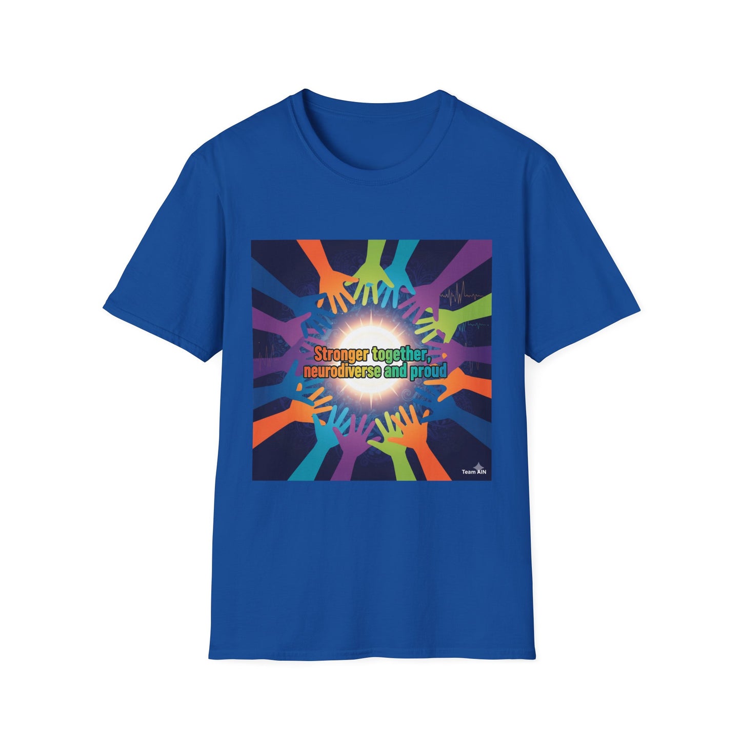 "Stronger Together, Neurodiverse and Proud" Unity T-Shirt – Colorful Hands Design on White Tee