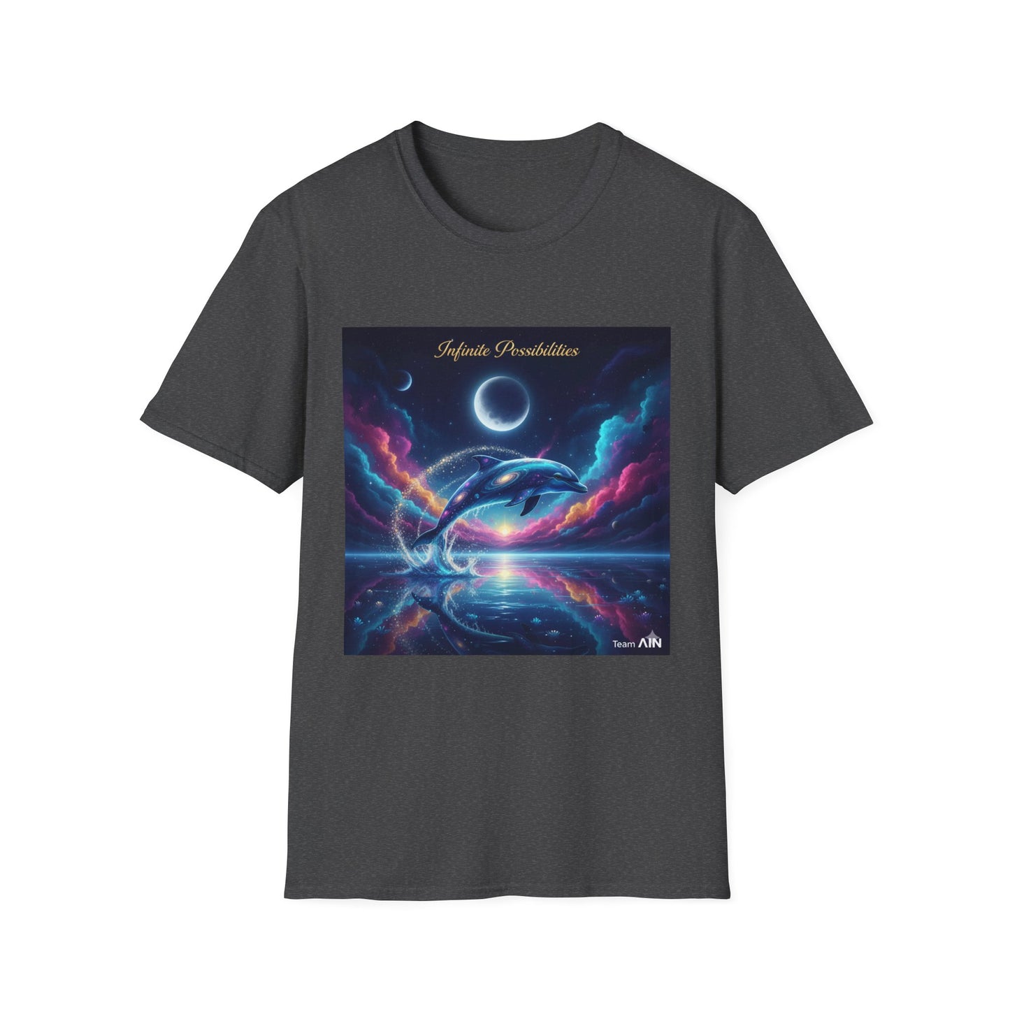 Cosmic Dolphin Art T-Shirt - Unisex Softstyle Tee for Dreamers, Gift for Ocean Lovers, Summer Vibes, Unique Artwork Clothing