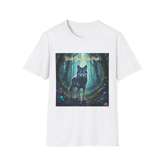 Wolf Forest Unisex Softstyle T-Shirt, Nature Lover Tee, Bohemian Graphic Shirt, Gifts for Adventurers, Vintage Animal Art