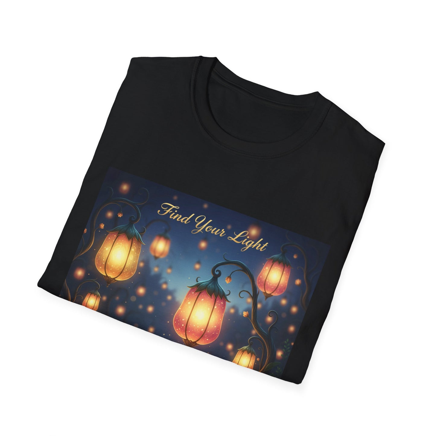 Enchanting 'Find Your Light' Unisex Softstyle T-Shirt, Inspirational Tee, Nature Lover Gift, Cozy Casual Wear, Lantern Art Shirt