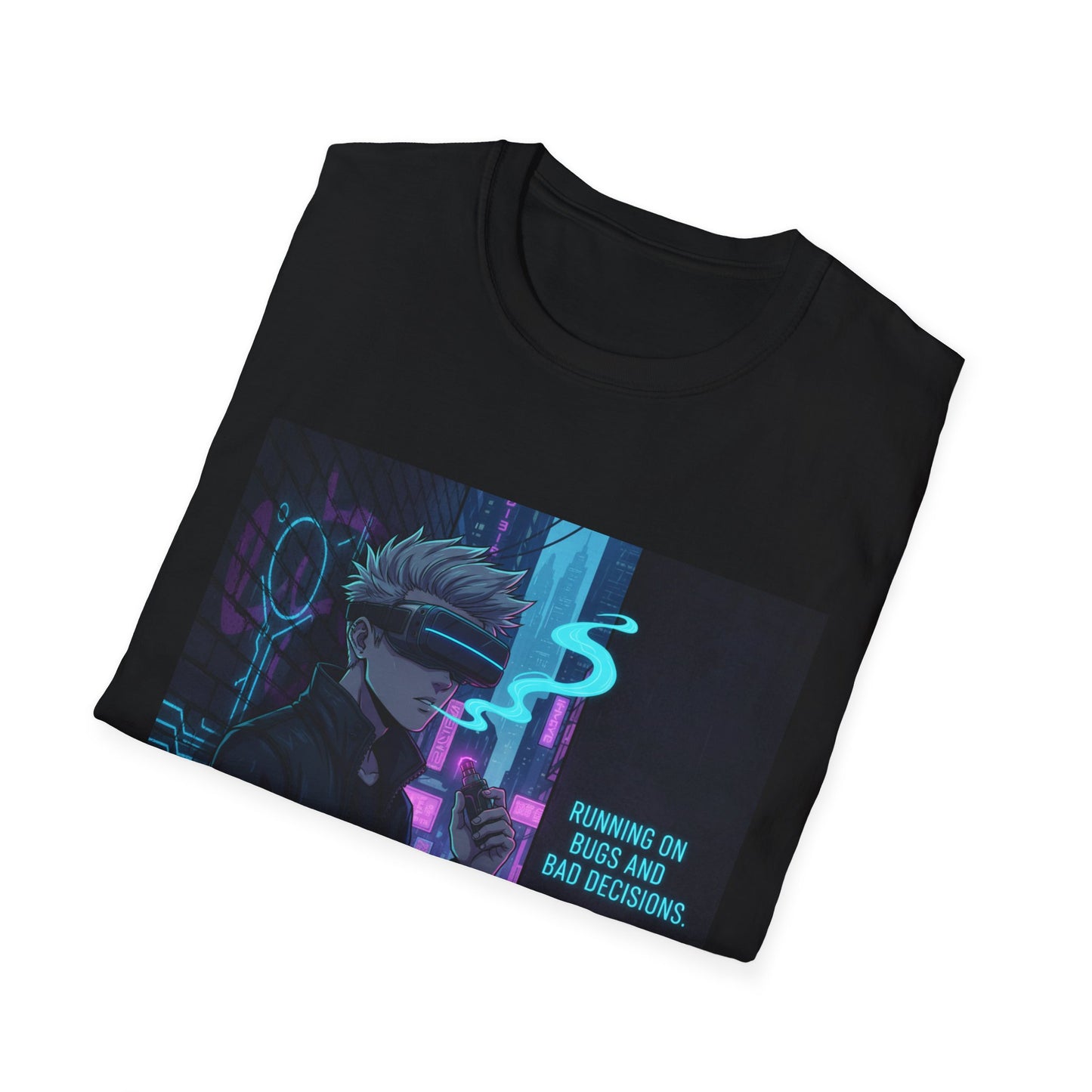 Cyberpunk Vaporwave T-Shirt – “Running on Bugs and Bad Decisions” | Futuristic Hacker Streetwear