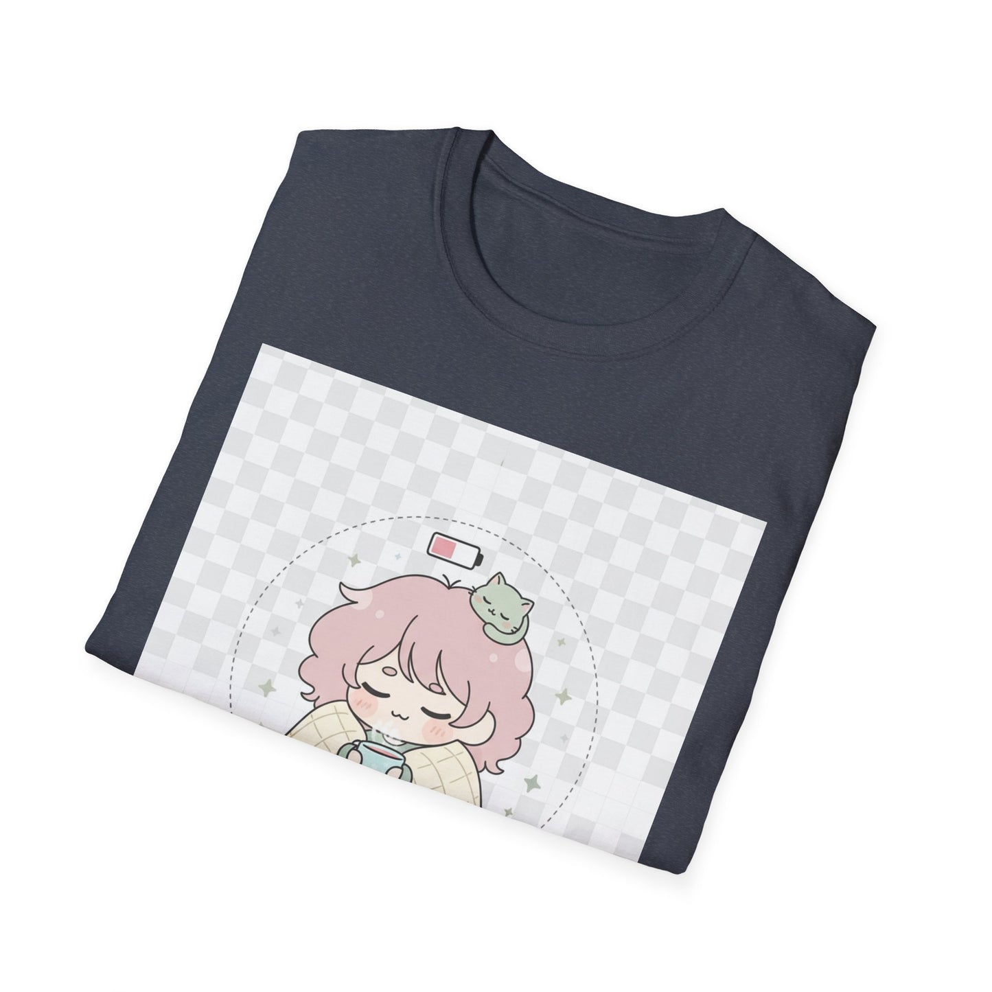 Kawaii Cozy T-Shirt – ‘Battery 10% Soft Mode’ | Neurospicy Self-Care Tee, Low Energy Day Anime Shirt