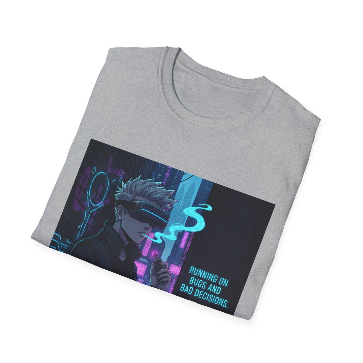 Cyberpunk Vaporwave T-Shirt – “Running on Bugs and Bad Decisions” | Futuristic Hacker Streetwear