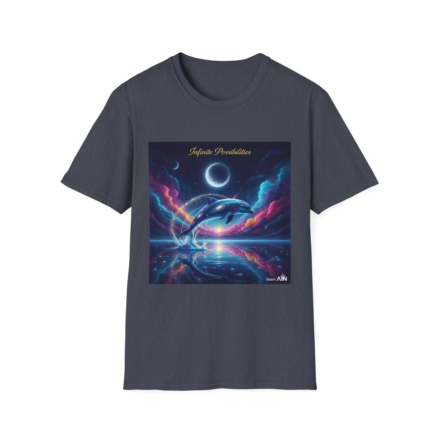 Cosmic Dolphin Art T-Shirt - Unisex Softstyle Tee for Dreamers, Gift for Ocean Lovers, Summer Vibes, Unique Artwork Clothing