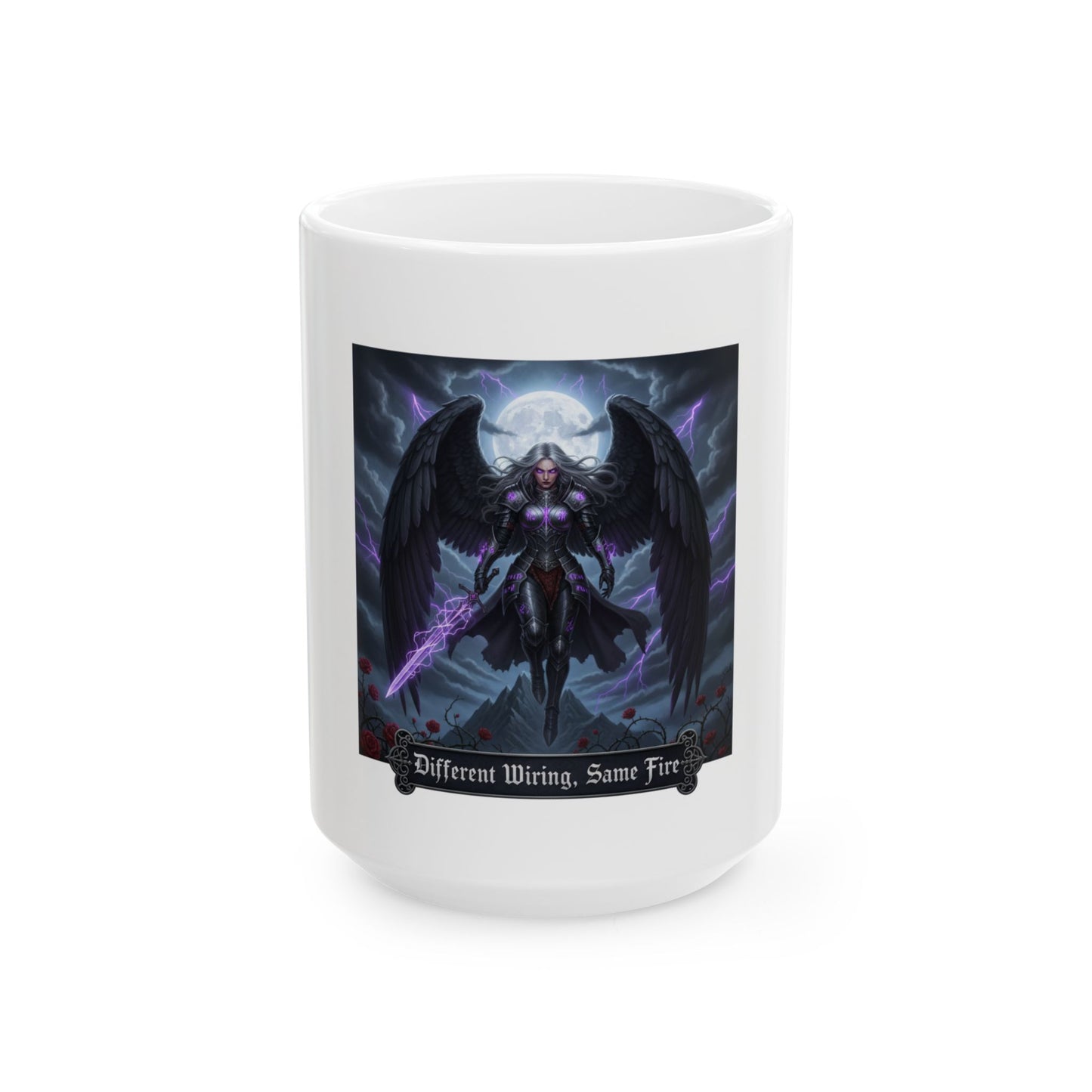 Dark Angel Ceramic Mug - Different Wiring, Same Fire, Fantasy Drinkware, Gothic Coffee Cup, Unique Art Gift, Spiritual Decor